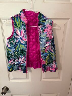 Lilly Pulitzer Girls Floral Puffer Vest in Pink, Blue & Green